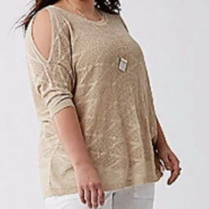Lane Bryant Metallic Cold Shoulder Sweater Womens Plus Top 18/20 Gold Tan